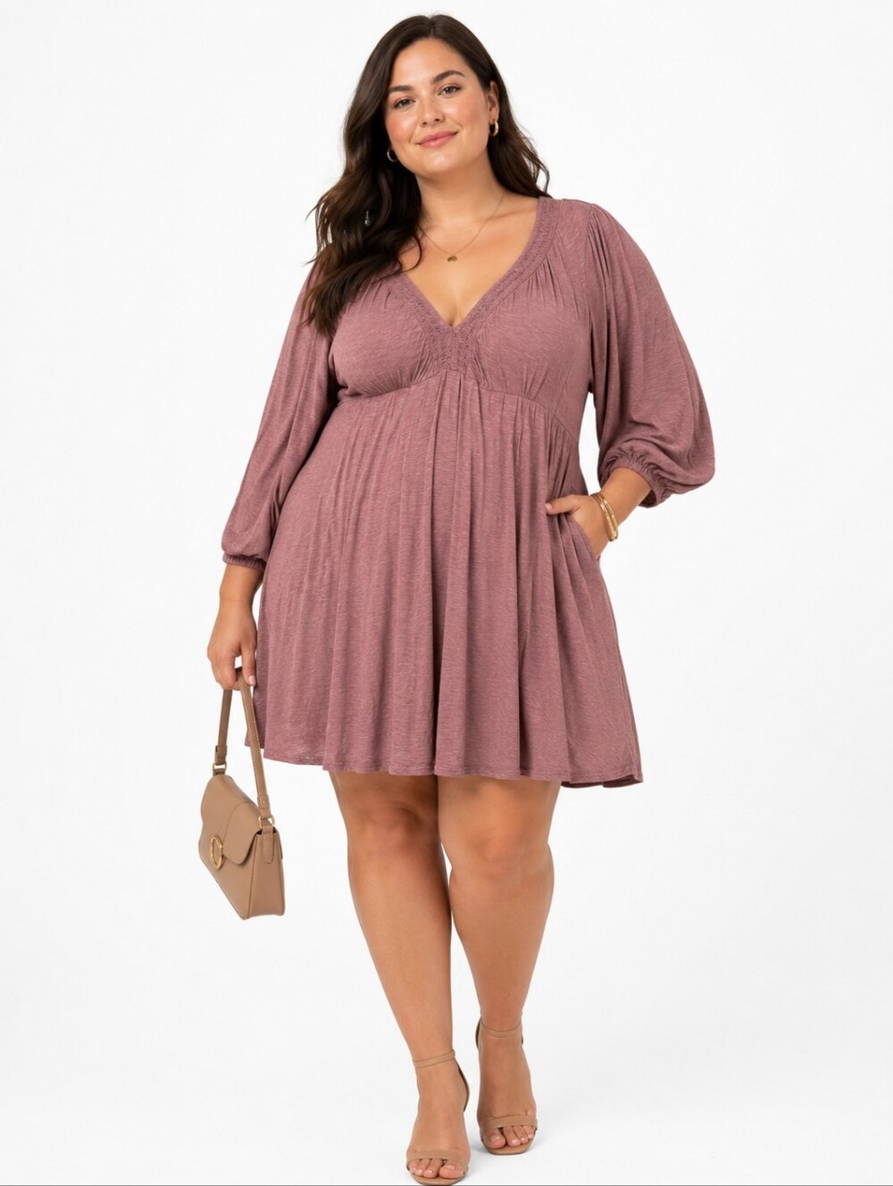 Torrid Women's Pocket Babydoll Mini Dress Long Sleeve V-Neck Stretch Chic Boho 1
